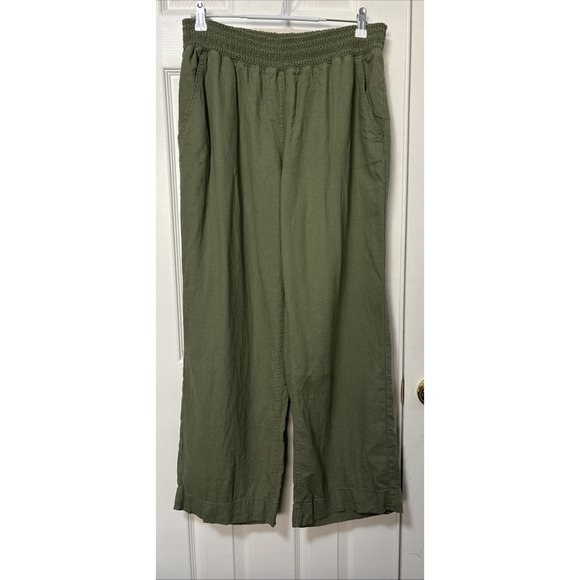 Briggs Women's L Green Wide Leg Linen Blend Flowy Pants Travel Resort Vacation - Picture 1 of 8